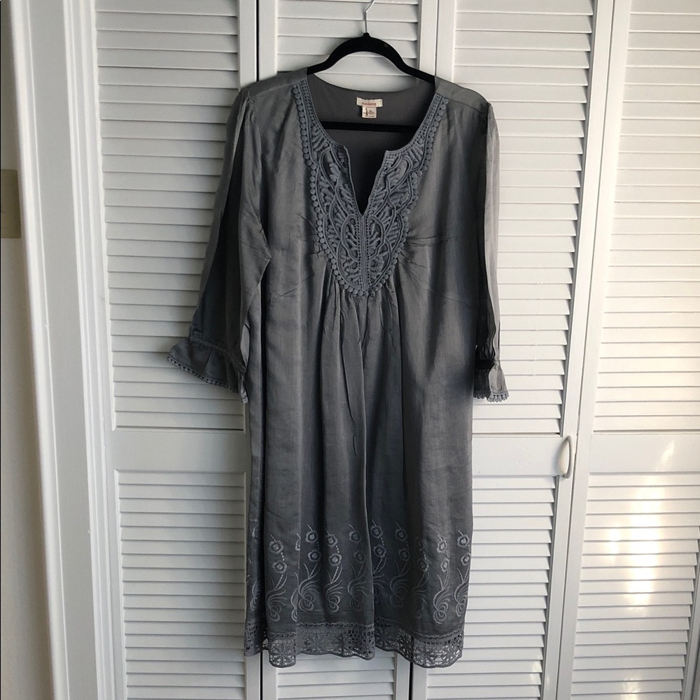 Sundance Grey Embroidered V-Neck Tunic Dress